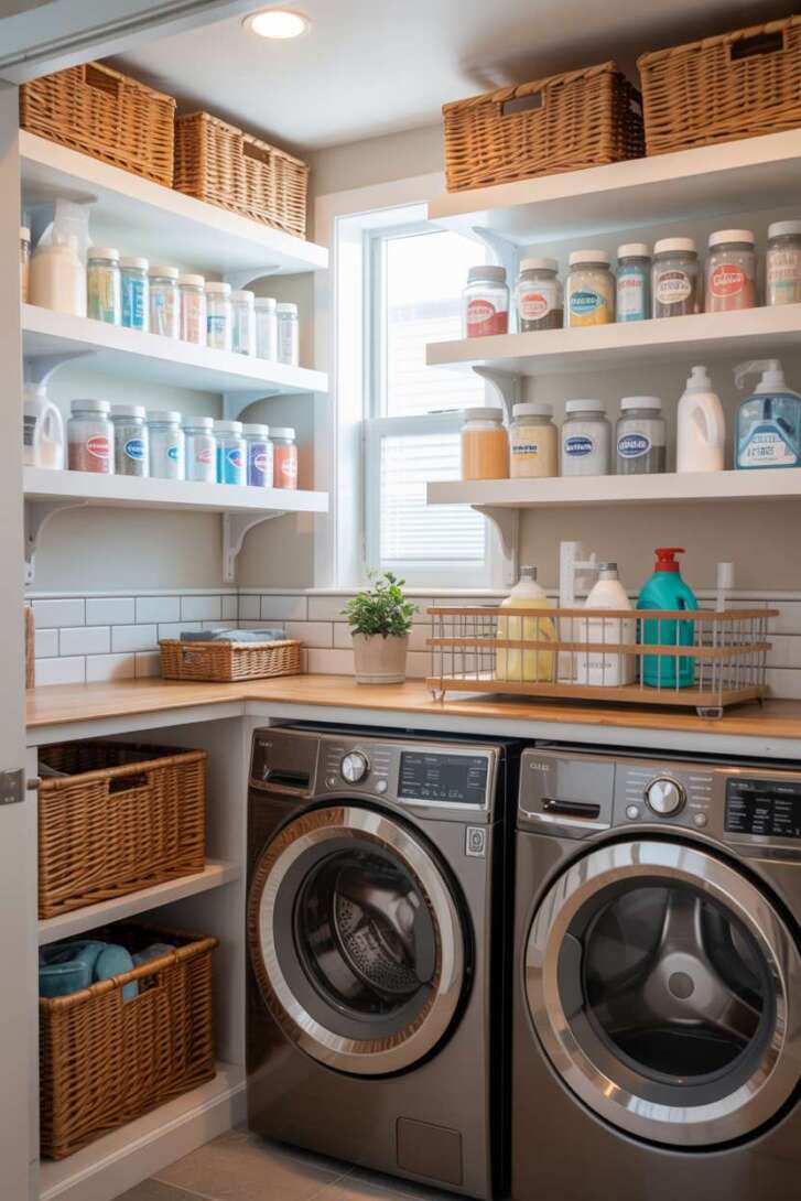23 Laundry Room Ideas That Mix Design and Functionality 11 Bright laundry room with floating shelves, rolling cart, and subway tile backsplash