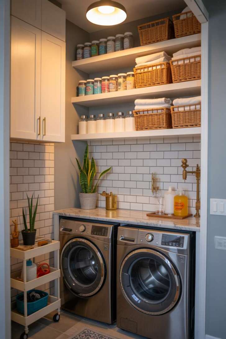 23 Laundry Room Ideas That Mix Design and Functionality 12 Compact laundry room with marble countertop, pendant lighting, and rolling cart