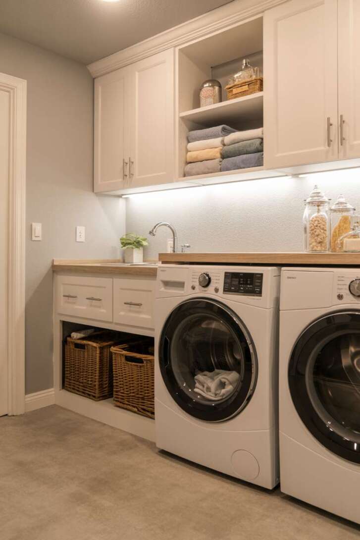 23 Laundry Room Ideas That Mix Design and Functionality 15 Basement laundry room with white cabinets, oak vinyl flooring, and LED strip lighting