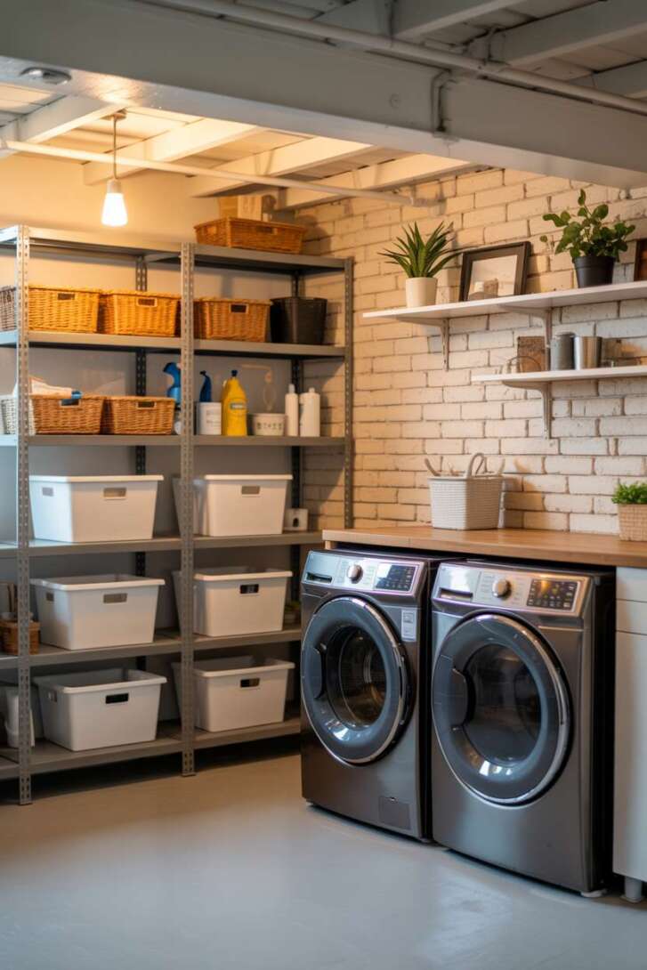 23 Laundry Room Ideas That Mix Design and Functionality 18 Basement utility room with exposed brick, industrial shelving, and wooden countertop