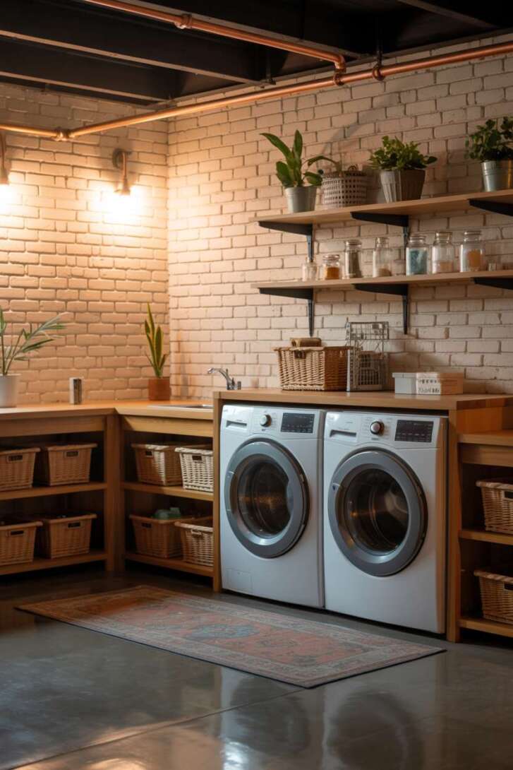 23 Laundry Room Ideas That Mix Design and Functionality 19 Basement utility room with exposed brick, copper pipes, and vintage area rug