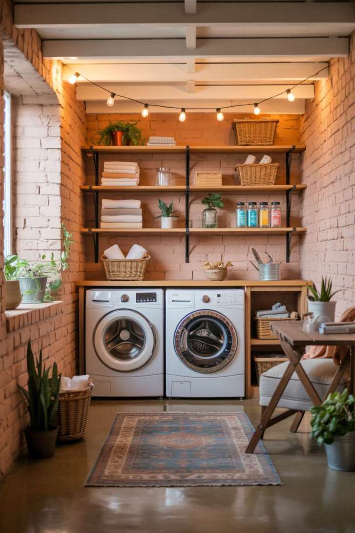 23 Laundry Room Ideas That Mix Design and Functionality 20 Inviting basement laundry with exposed beams, Persian rug, and string lights