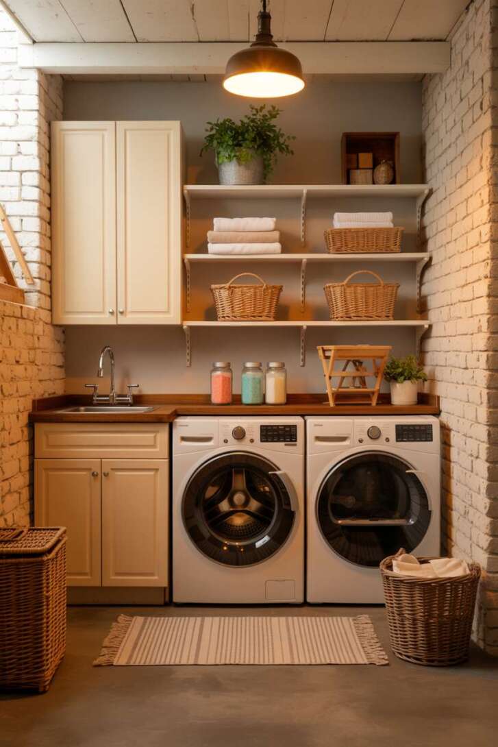 23 Laundry Room Ideas That Mix Design and Functionality 22 Small basement laundry with cream cabinets, exposed brick, and striped runner rug