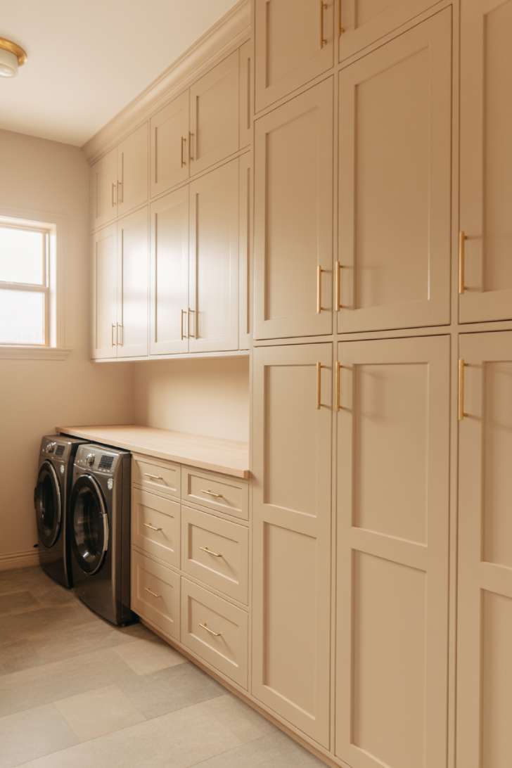 Floor-to-ceiling white shaker cabinets in a small laundry room with brass hardware and porcelain tile floor