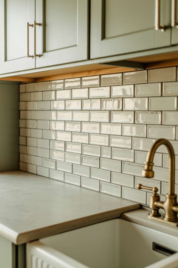 Vertical-stack handmade subway tile backsplash in a sage green and brass laundry room with soapstone-look quartz countertop