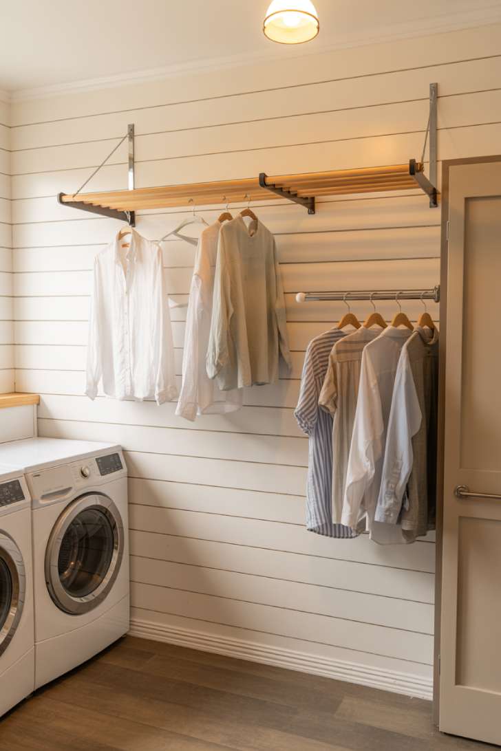 Wall-mounted retractable drying rack extended above washer and dryer in a white shiplap laundry room with hanging rod between cabinets