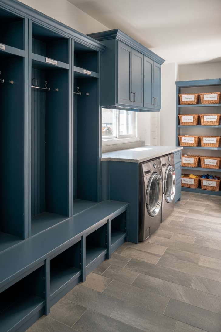 Combined navy laundry and mudroom with built-in lockers, bench seating, side-by-side washer and dryer, and stone-look porcelain tile
