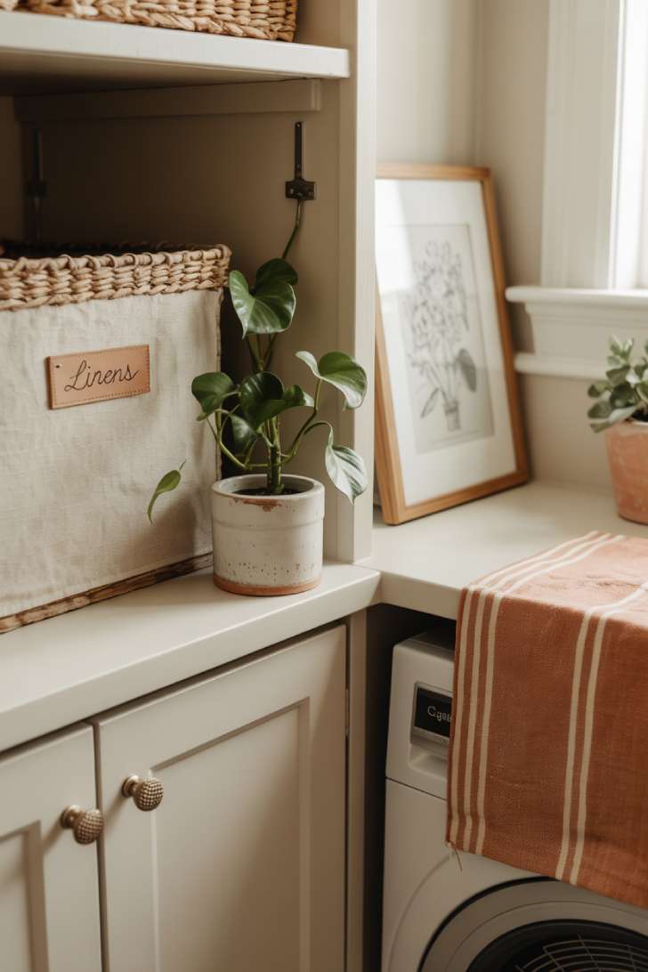 Styled laundry room corner with knurled brass hardware, trailing plant, framed botanical print, and terracotta striped cotton rug
