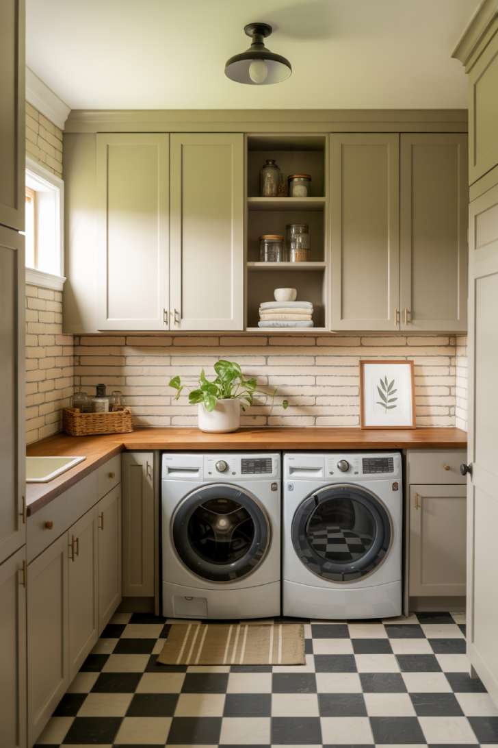 Sage green laundry room makeover with butcher block countertop, checkerboard tile floor, brass hardware, and open shelving styled with glass canisters and trailing pothos
