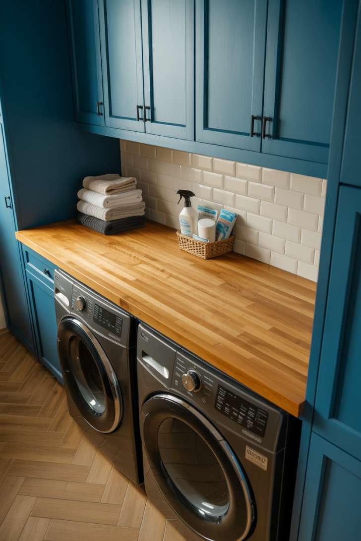 Butcher block countertop over washer and dryer in a dusty blue laundry room with subway tile backsplash
