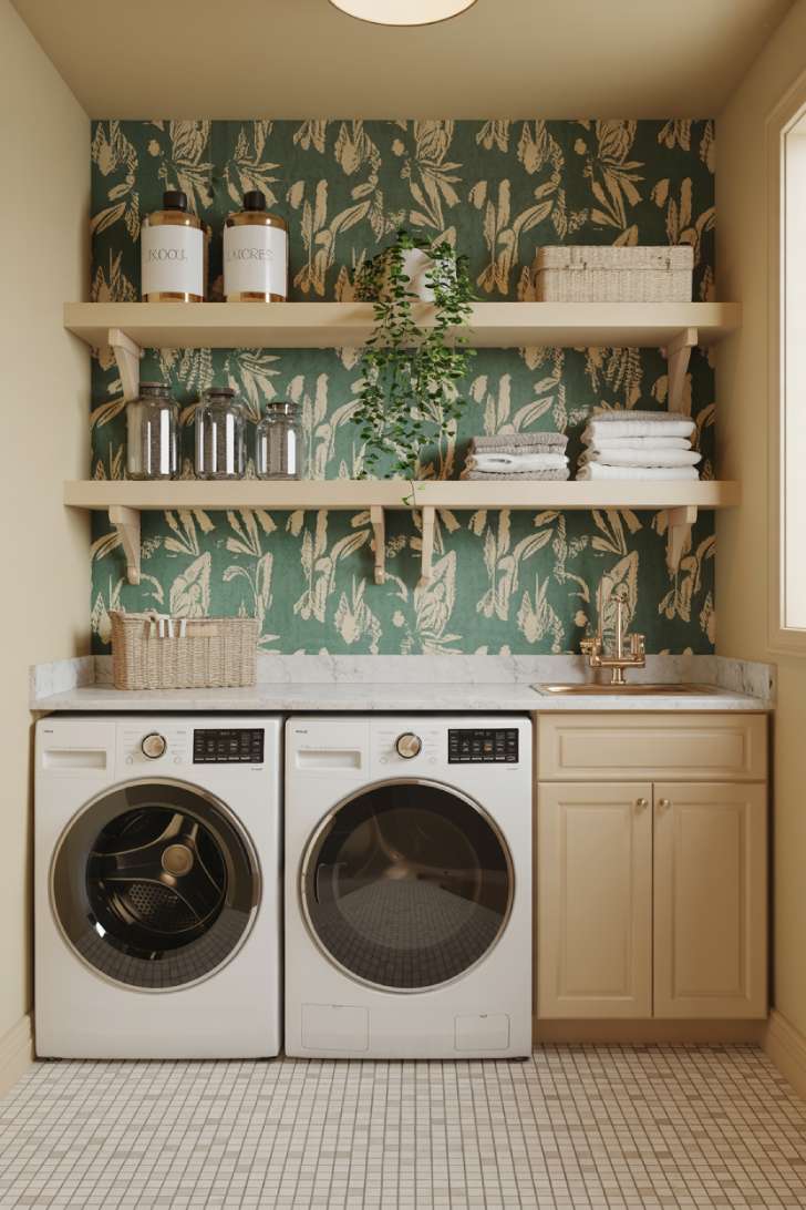Bold botanical wallpaper in a white laundry room with black and white checkerboard tile and brass hardware