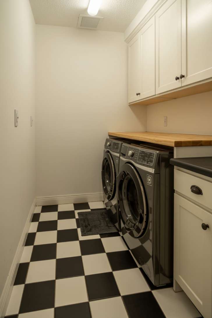 Black and white checkerboard tile floor in a white laundry room with butcher block countertop and schoolhouse light fixture