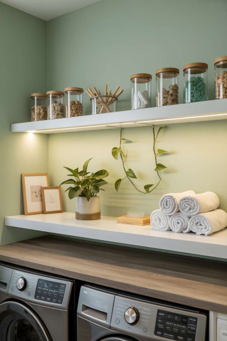 Styled white floating shelves above a washer and dryer against a sage green wall with under-shelf LED lighting