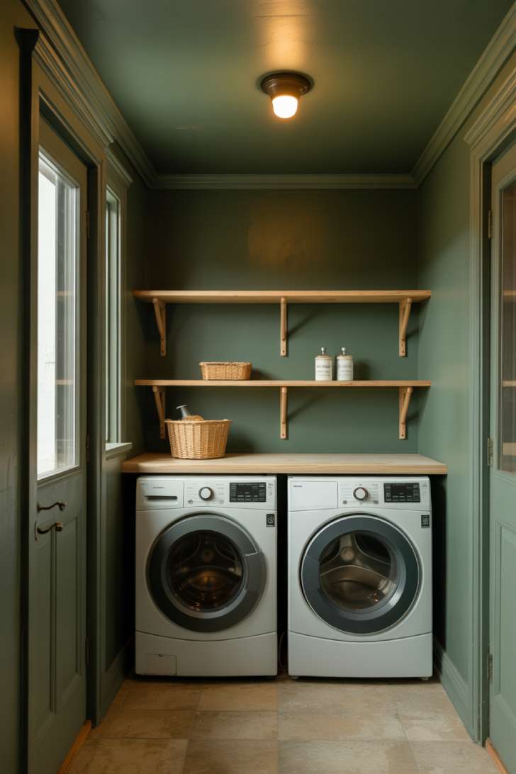 Deep sage green laundry room painted floor to ceiling with white appliances and natural wood shelves