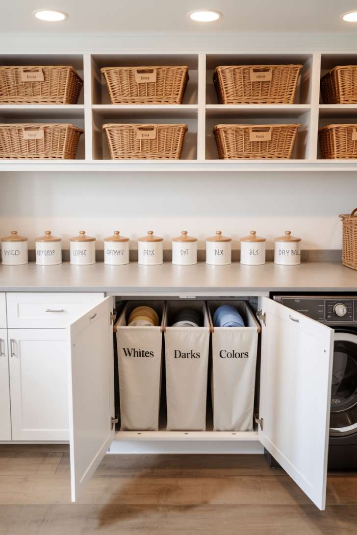 Organized laundry room with pull-out hamper, labeled ceramic canisters, and wicker baskets in white open upper cabinets