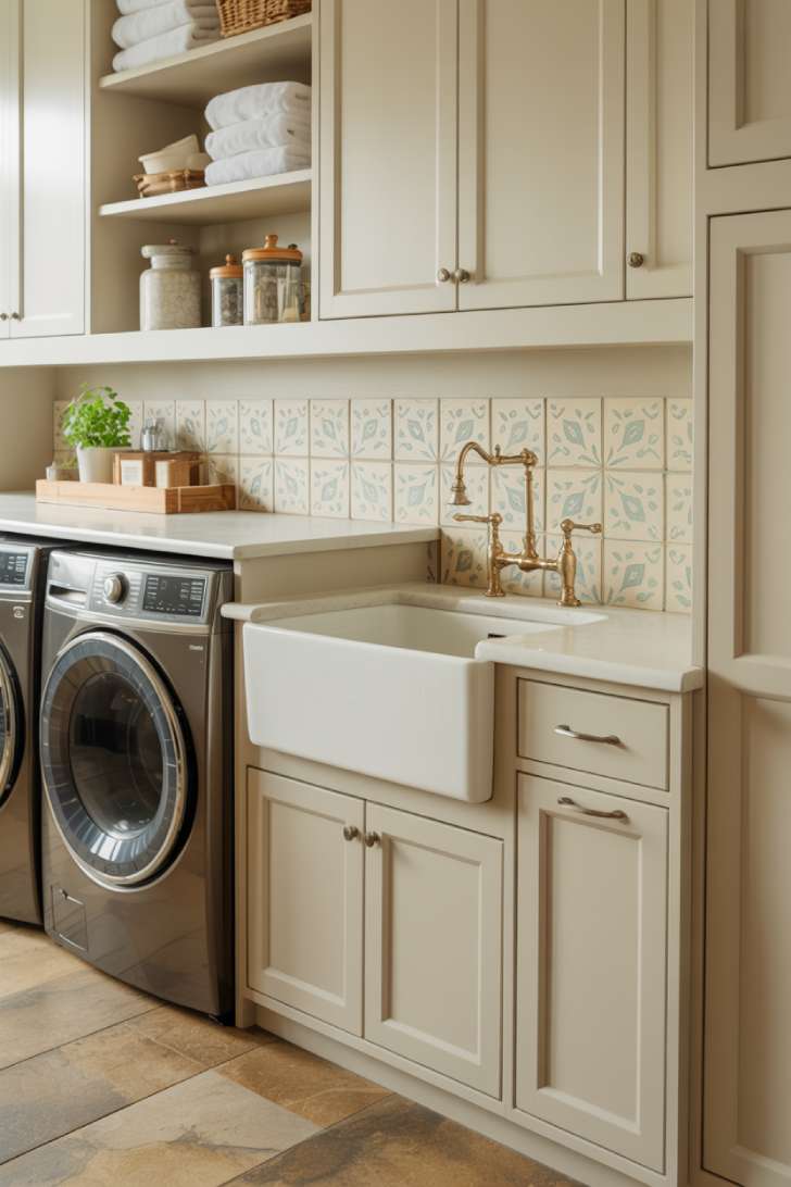 White farmhouse sink with brushed brass bridge faucet and hand-painted tile backsplash in a bright laundry room