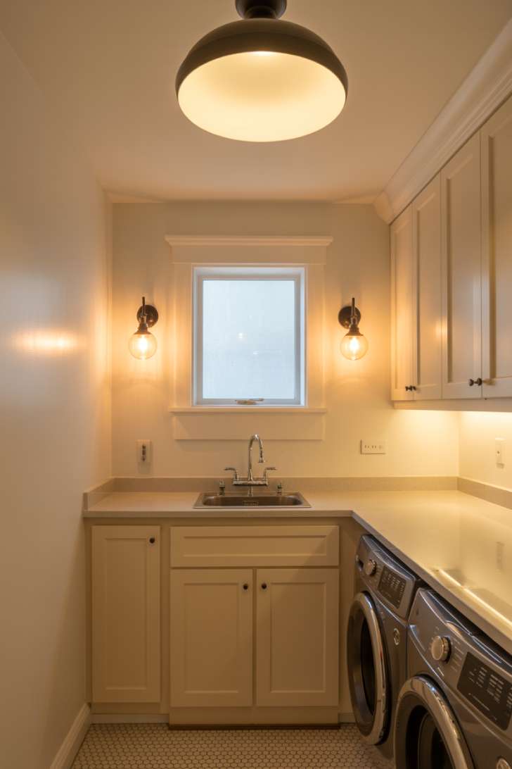 Layered laundry room lighting with schoolhouse ceiling fixture, wall sconces flanking a window, and under-cabinet LED strips
