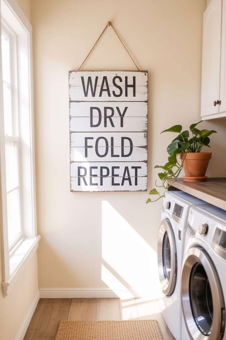 11 Beautiful Laundry Room Wall Decor Ideas That Inspire 1 A cream-colored laundry room with a distressed white wooden laundry sign hanging above a washer and dryer, accented by a small potted plant and jute rug.