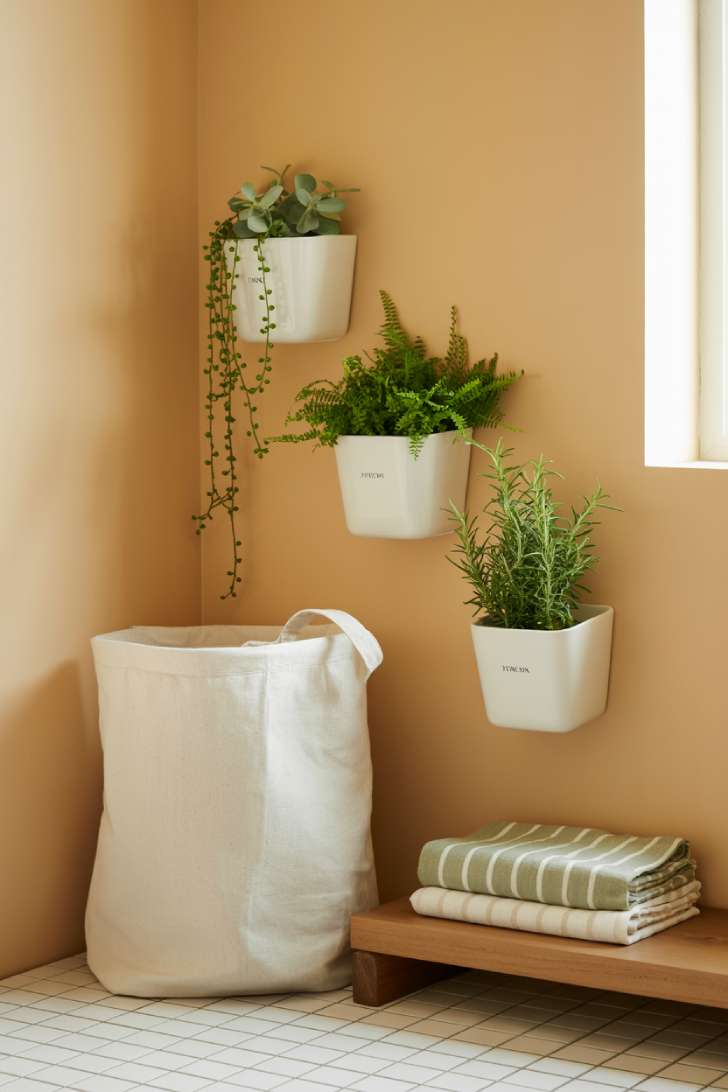 11 Beautiful Laundry Room Wall Decor Ideas That Inspire 11 Three white ceramic wall-mounted planters with trailing greenery arranged diagonally on a warm beige laundry room wall, above a shelf with a linen bag and folded towels.