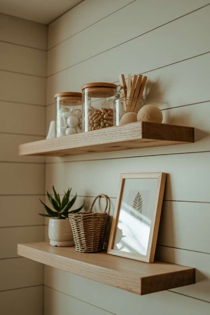 11 Beautiful Laundry Room Wall Decor Ideas That Inspire 2 Two rustic floating shelves on a white shiplap wall holding glass canisters, a small succulent, a woven basket, and a framed botanical print.