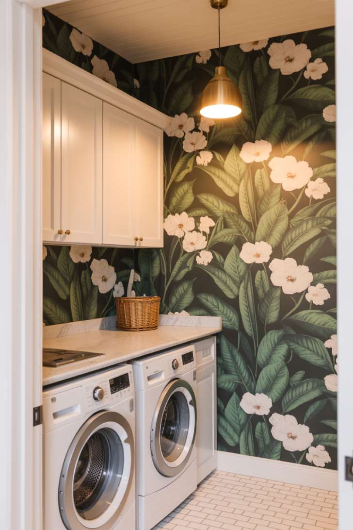 11 Beautiful Laundry Room Wall Decor Ideas That Inspire 4 A laundry room with bold green botanical wallpaper on the back wall, white shaker cabinets, marble countertop, and a gold pendant light.
