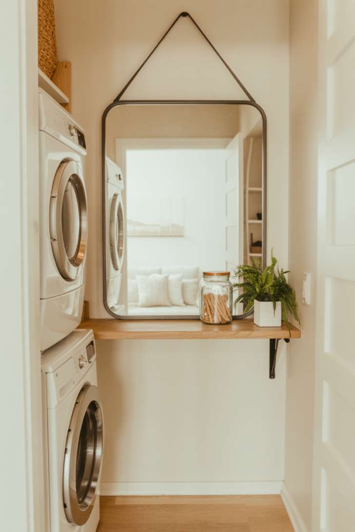 11 Beautiful Laundry Room Wall Decor Ideas That Inspire 6 A narrow laundry room with a large black-framed mirror reflecting window light, a small wooden shelf below it, and a stacked washer and dryer to the side.