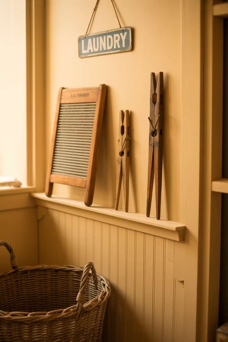 11 Beautiful Laundry Room Wall Decor Ideas That Inspire 7 A vintage-styled laundry room corner with an antique washboard, oversized wooden clothespins, a faded enamel sign, and a wicker basket on a beadboard wall.