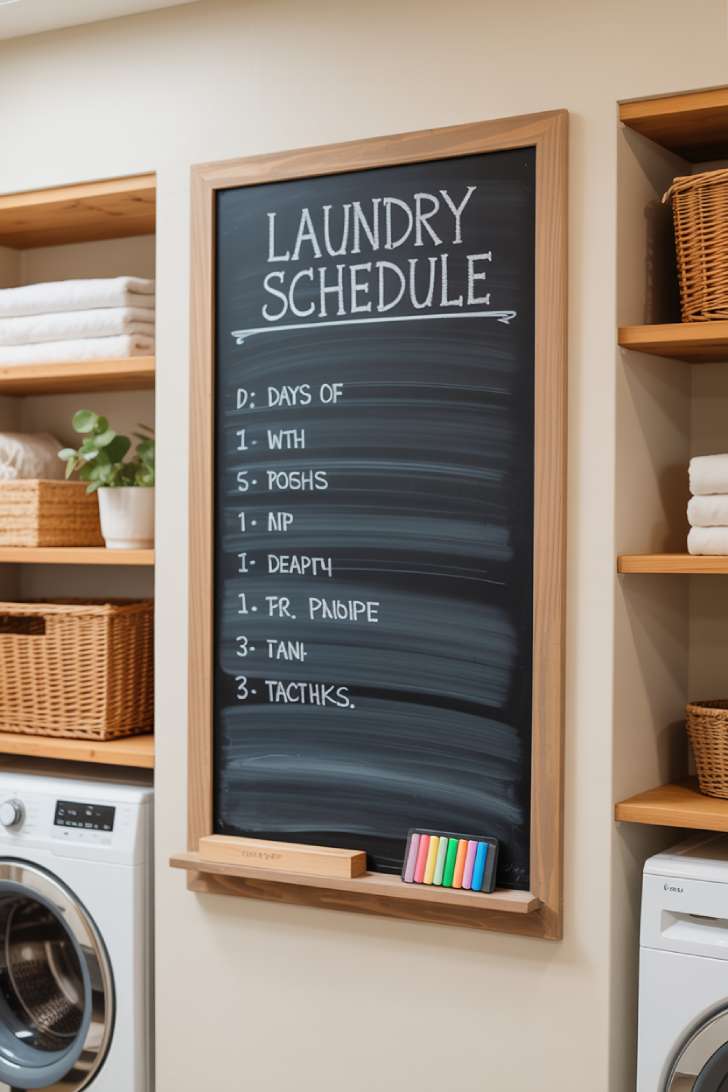11 Beautiful Laundry Room Wall Decor Ideas That Inspire 9 A framed chalkboard panel on a warm white laundry room wall between open shelves with towels, a basket, and a plant, showing a handwritten laundry schedule.