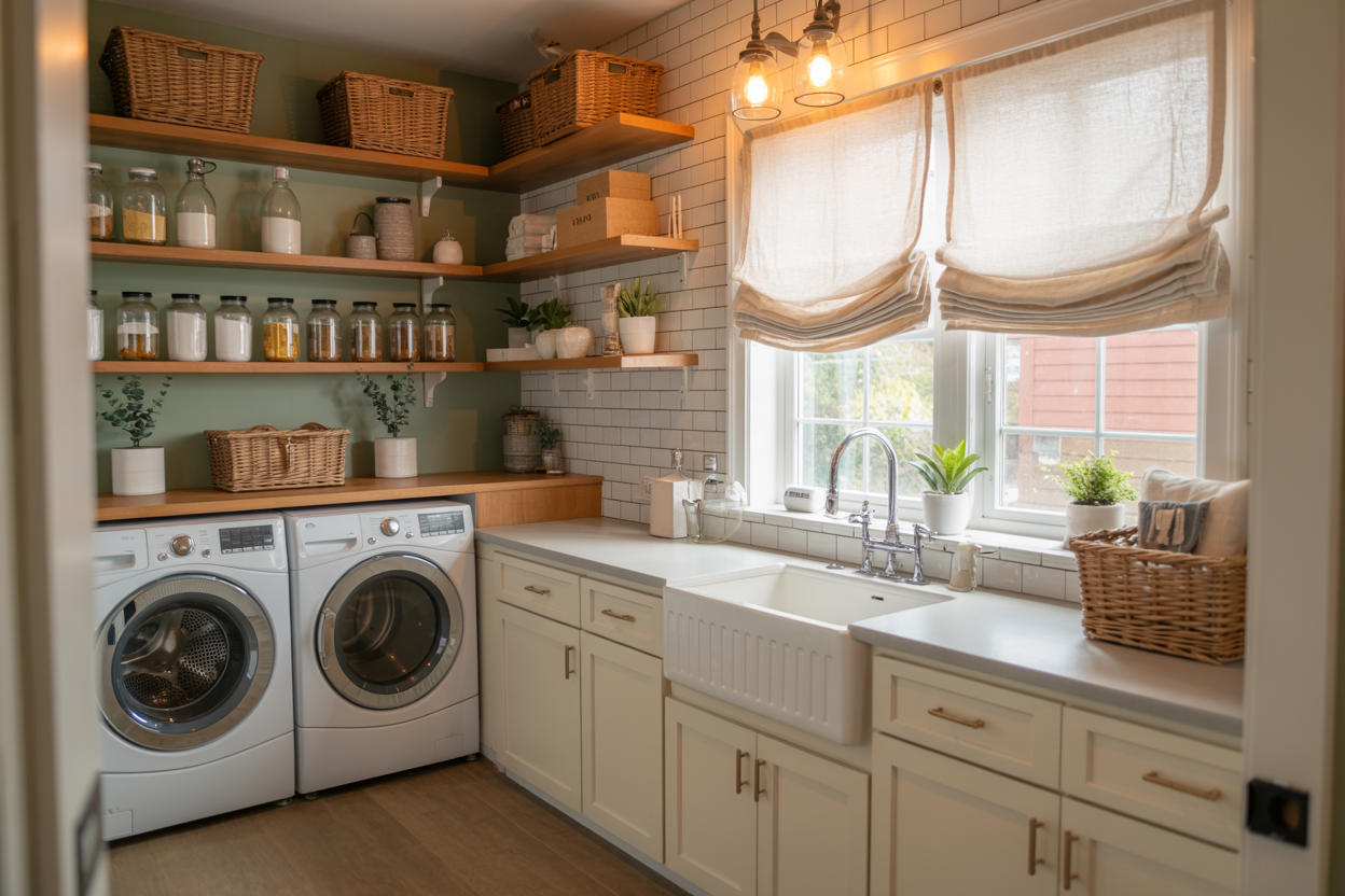 Bright laundry room with white cabinets, a farmhouse sink, washer, dryer, wooden shelves, woven baskets, and jars. Soft lighting and cozy decor.