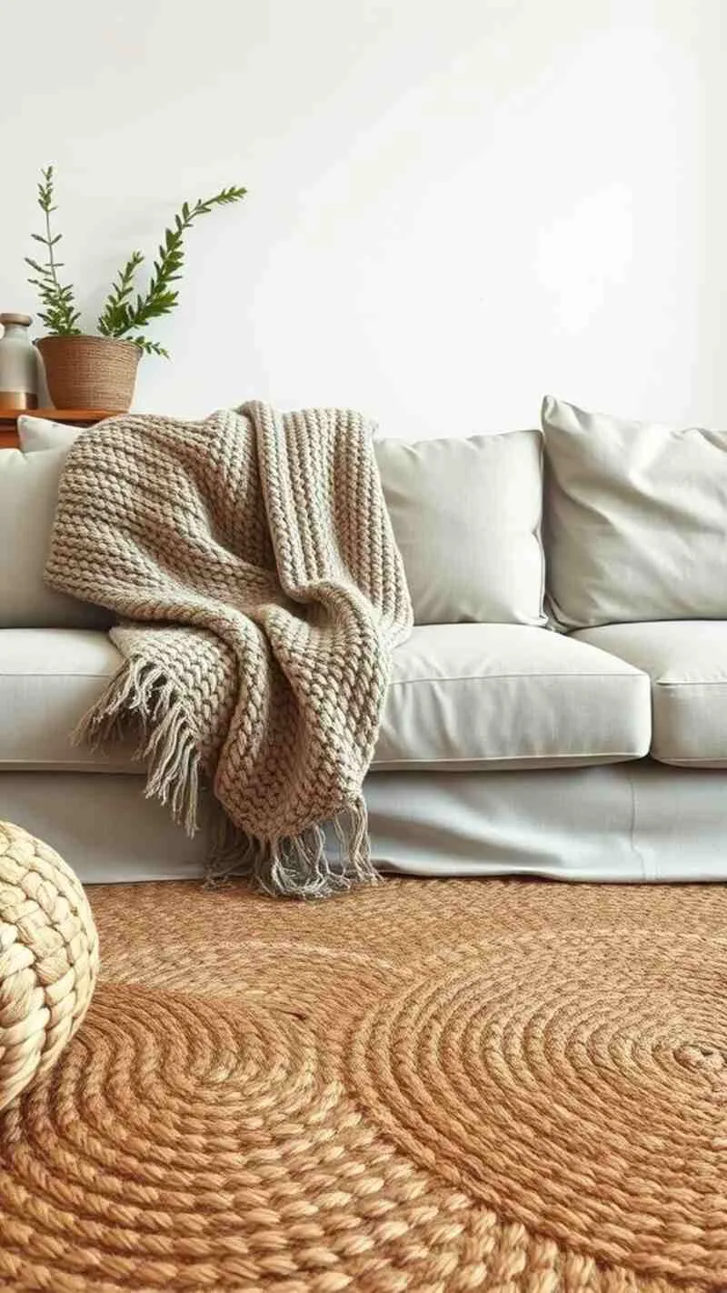 19 Wabi-Sabi Living Room Ideas for a Cozy & Timeless Space 3 A cozy living room featuring a soft beige sofa with a knitted throw, a round braided rug, and a green plant in a pot.