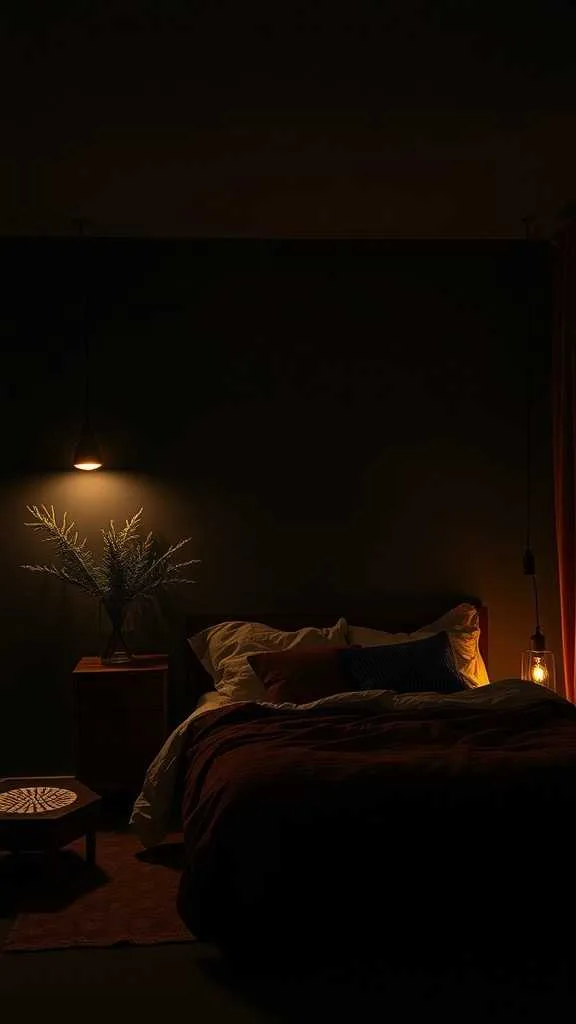 20 Unique Dark Boho Bedroom Ideas for a Bold Statement 19 A cozy dark boho bedroom with layered lighting