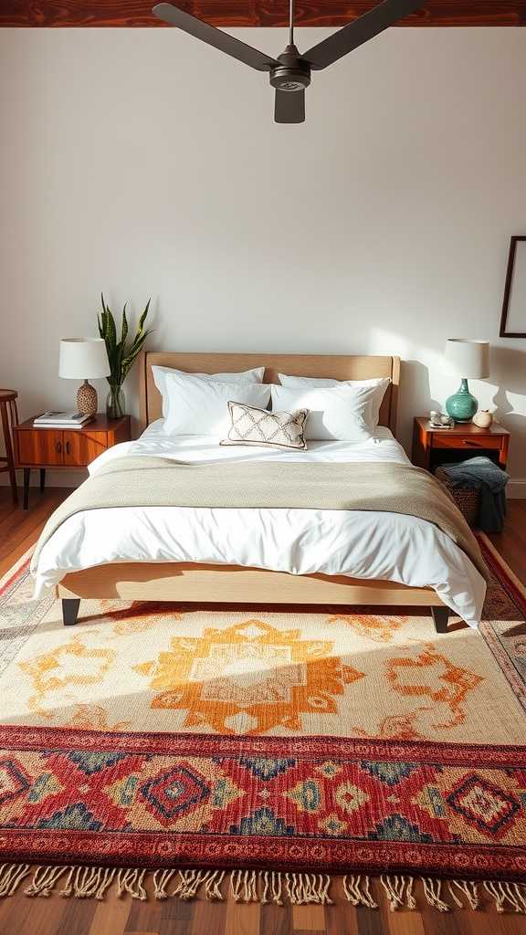 A stylish bedroom with a layered rug, featuring a bed with multiple pillows and a warm color palette.