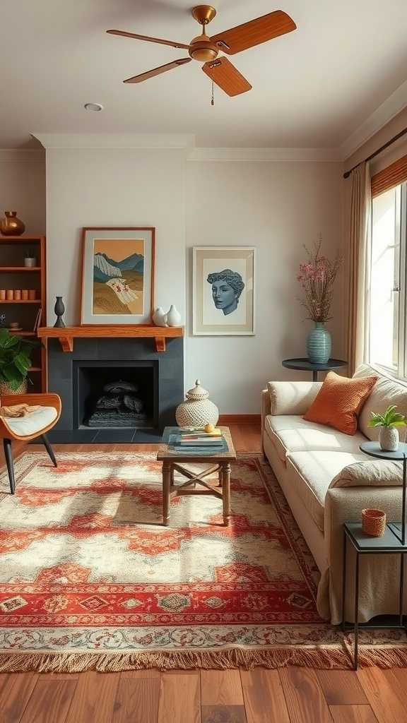 A cozy Japandi living room featuring layered rugs and natural light.