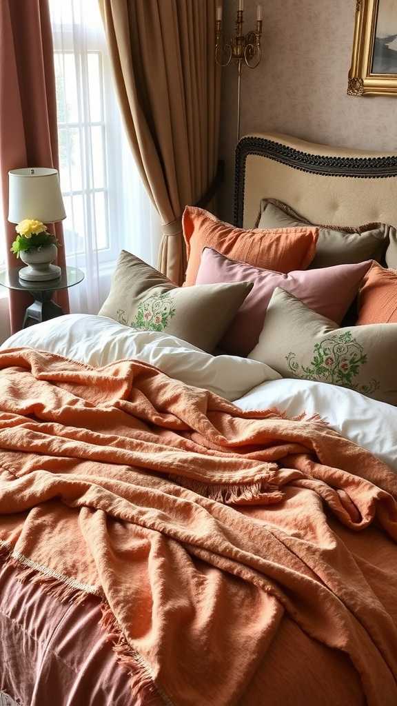 A beautifully layered bed with various textiles, including pillows and throws.