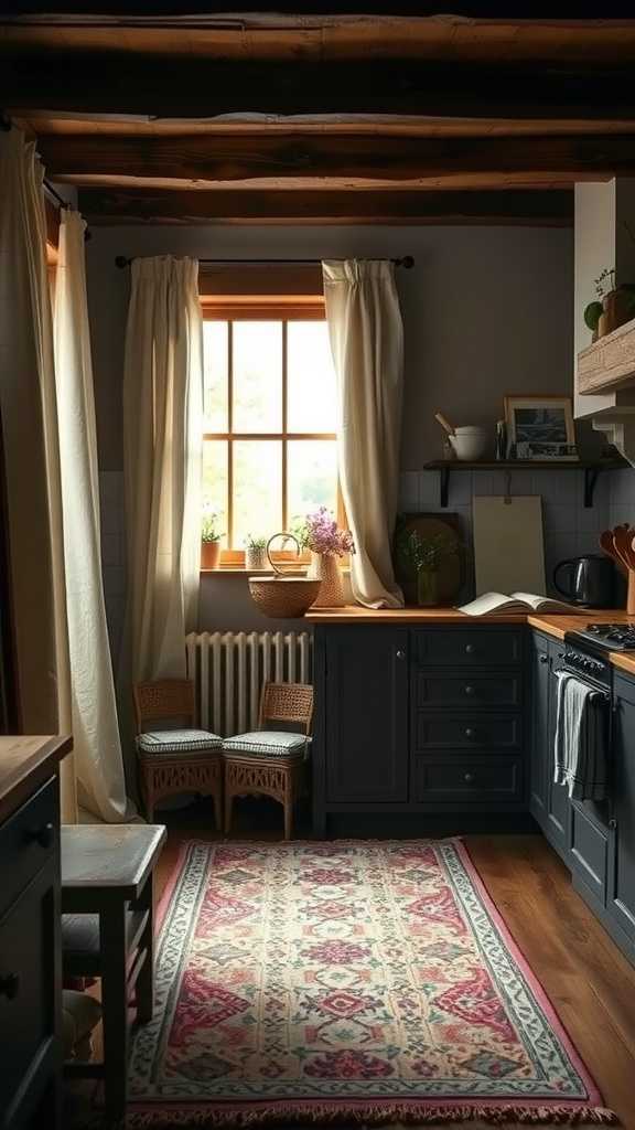 A cozy farmhouse kitchen featuring patterned curtains and a colorful rug.