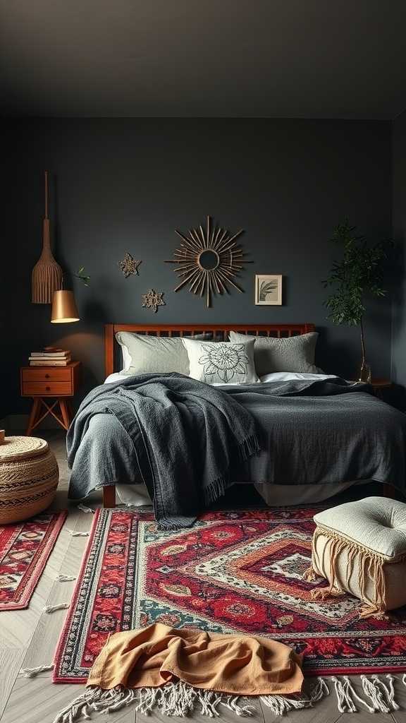 Stylish dark boho bedroom with layered textures and warm accents