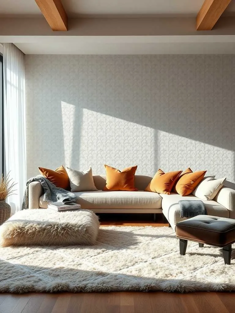 22 Modern Luxury Living Room Decor Ideas for Elegant Spaces 5 A modern luxury living room with layered textures, featuring a plush sofa with colorful pillows, a soft rug, and wooden beams.
