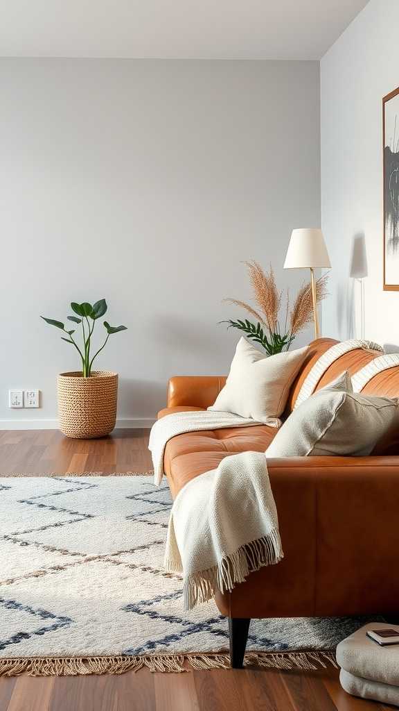 A modern minimalist living room featuring a leather sofa, decorative pillows, a cozy throw, and a geometric rug.