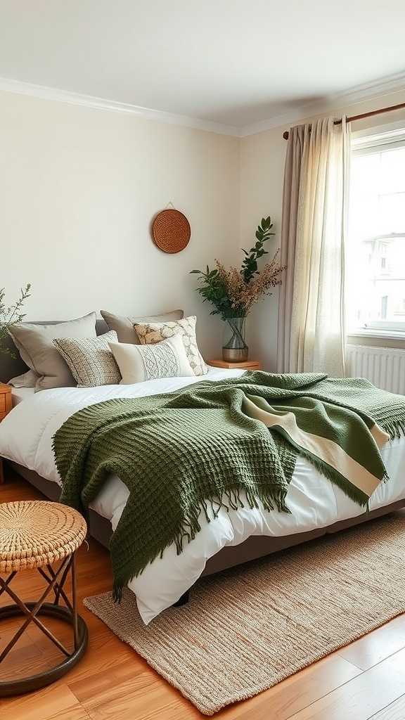 Cozy olive green bedroom with layered textures