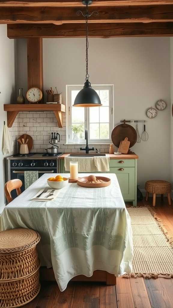 A cozy kitchen with a table set with natural textiles.