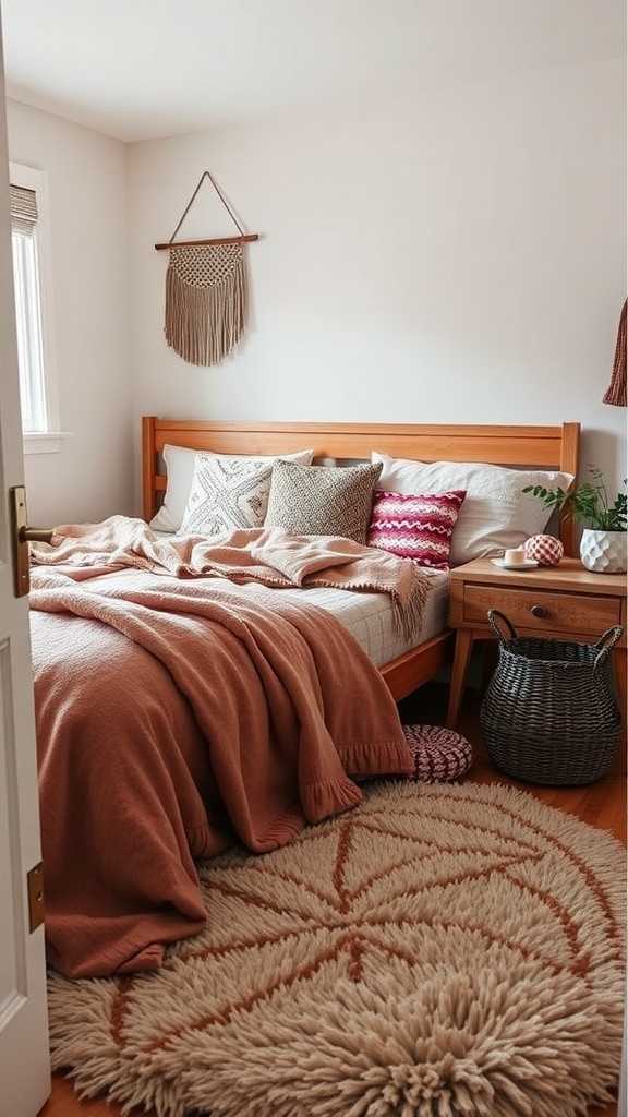 A cozy small bedroom with layered textiles including a soft blanket, pillows, and a round rug.