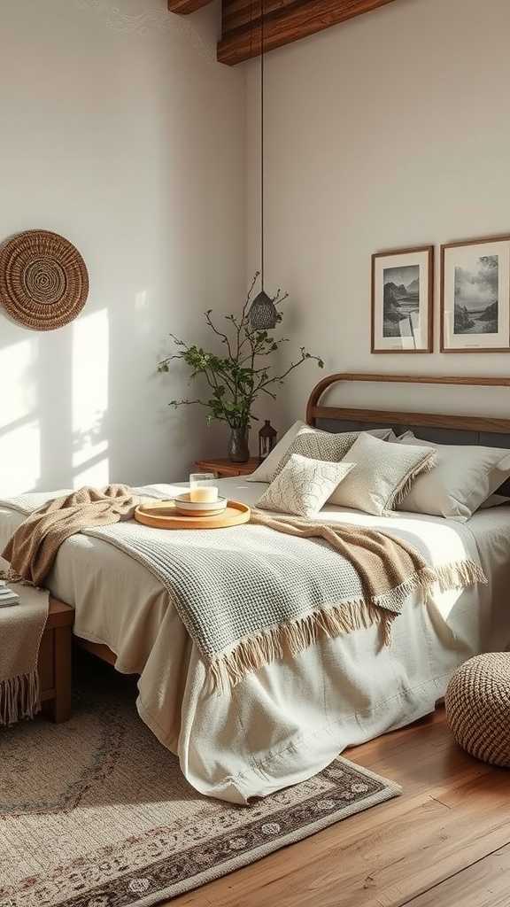 A cozy bedroom featuring layered textiles, including a chunky knit blanket, decorative pillows, and patterned rugs.