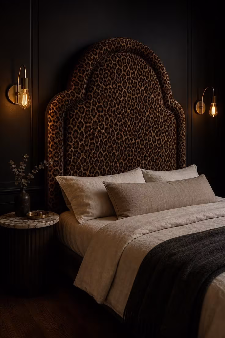 10 Chic Leopard Print Bedroom Ideas You Can Easily Copy 1 Leopard print velvet headboard against a matte black wall with brass sconces and cream linen bedding in a moody bedroom