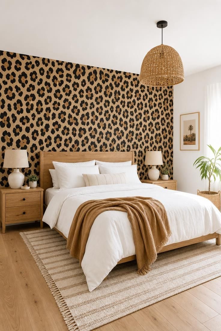 10 Chic Leopard Print Bedroom Ideas You Can Easily Copy 2 Bright bedroom with peel and stick leopard wallpaper accent wall behind a queen bed with white bedding and natural wood furniture