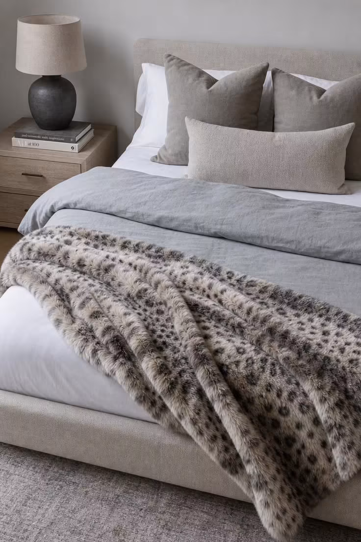 10 Chic Leopard Print Bedroom Ideas You Can Easily Copy 3 Close-up of a snow leopard faux fur throw draped over an oatmeal linen platform bed with slate ceramic lamp and cool overcast light