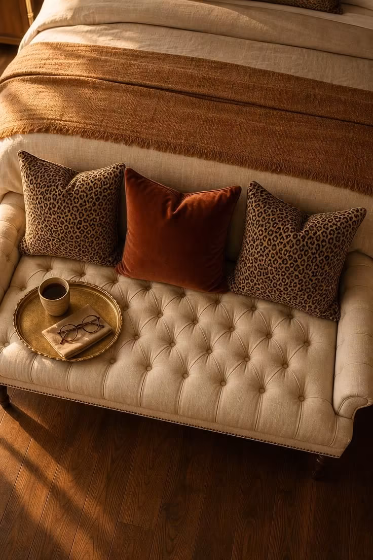 10 Chic Leopard Print Bedroom Ideas You Can Easily Copy 4 Overhead view of leopard print accent pillows and a rust velvet pillow on a tufted cream bench at the foot of a bed with brass tray