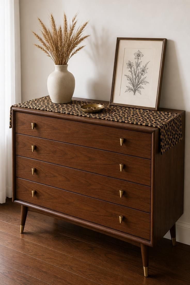 10 Chic Leopard Print Bedroom Ideas You Can Easily Copy 5 Mid-century walnut dresser with a leopard print runner, brass-capped legs, dried wheat stalks in a ceramic vase, and a framed botanical print