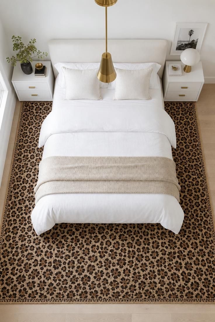10 Chic Leopard Print Bedroom Ideas You Can Easily Copy 7 Overhead view of a leopard print area rug beneath a white-dressed queen bed with brass pendant light in a bright white bedroom