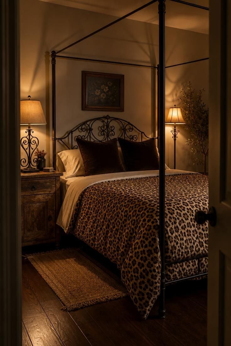 10 Chic Leopard Print Bedroom Ideas You Can Easily Copy 8 Leopard print bedding on a wrought iron canopy bed frame seen from a doorway with moody evening light and dark walnut floors