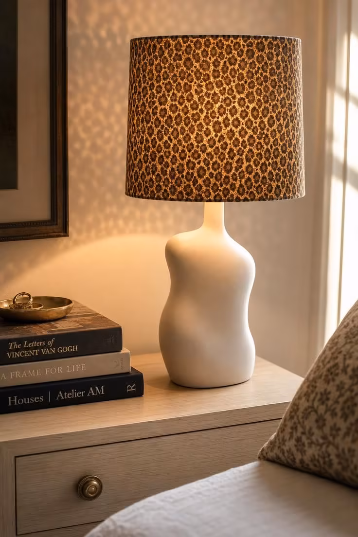 10 Chic Leopard Print Bedroom Ideas You Can Easily Copy 9 Close-up of a leopard print drum lampshade on a sculptural white ceramic lamp base glowing warmly on a birch nightstand with stacked books
